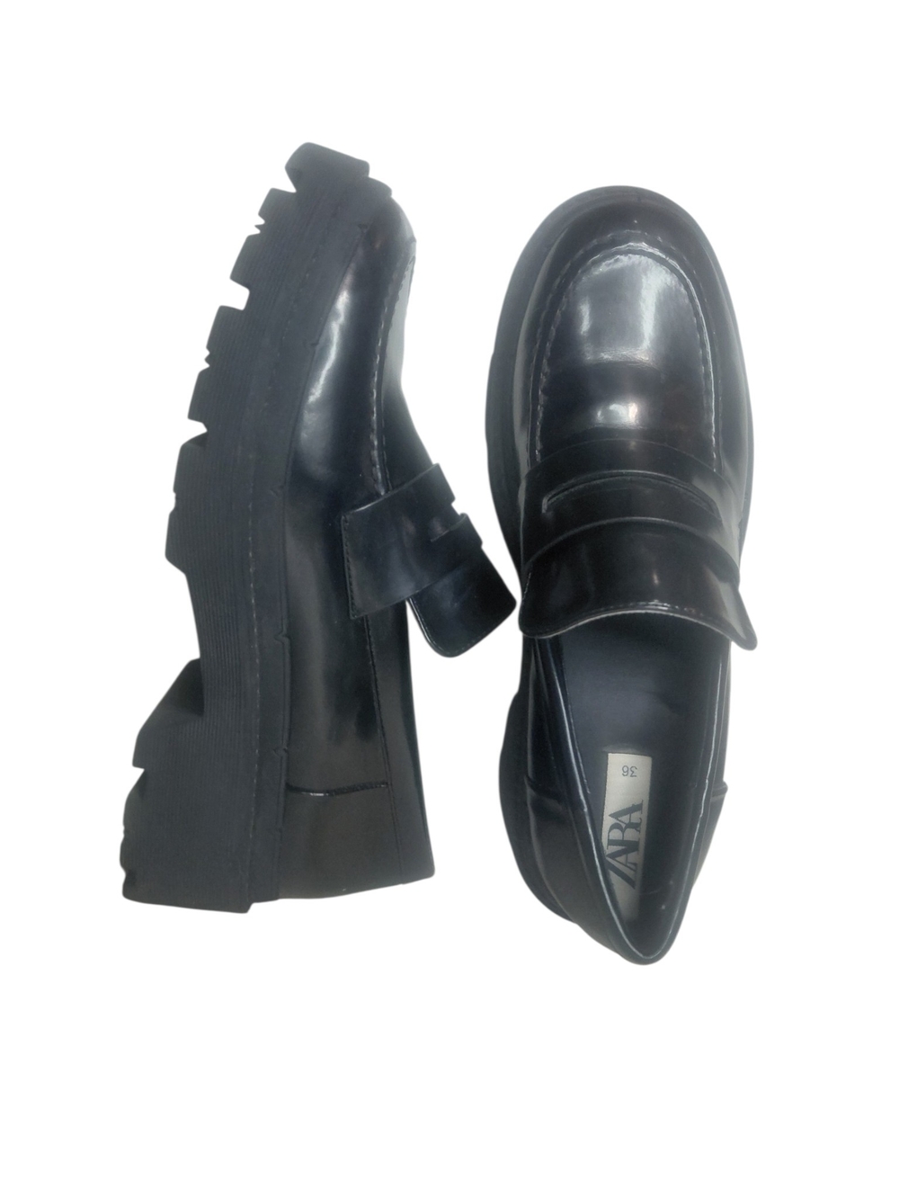 ZARA Black Patent Lug Sole Penny Loafers Women's Size 6